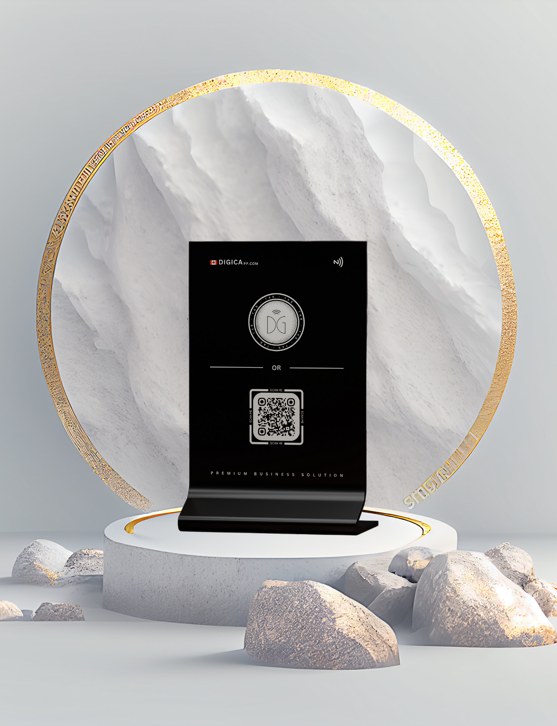 A black Digica NFC Business Table Stand with a touchscreen display, placed on a circular base that resembles a rocky surface. The stand is presented with a business card and a QR code, suggesting interactive connectivity and information access.
