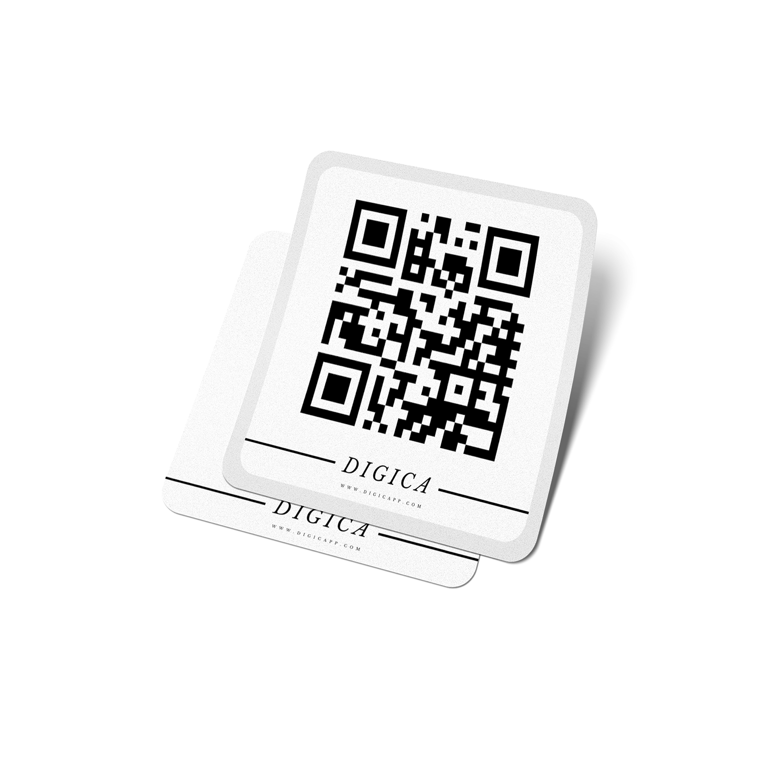 A white NFC custom sticker with a Digica logo and a QR code on it, designed for business promotions and product packaging.